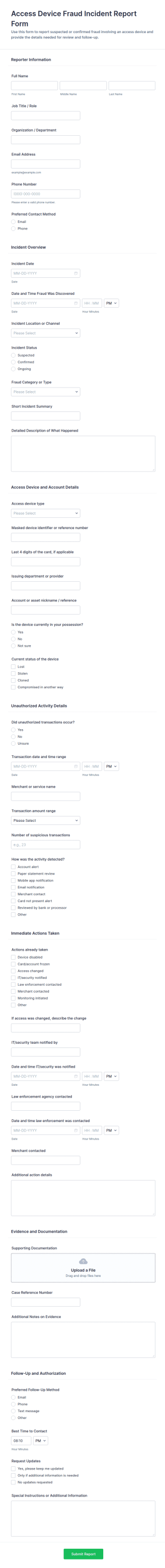 Access Device Fraud Incident Report Form Template