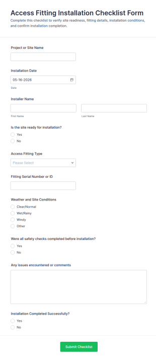 Access Fitting Installation Checklist Form Template