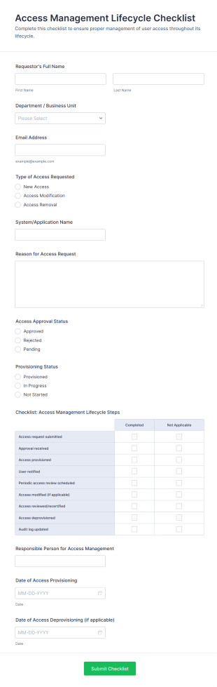 Access Management Lifecycle Checklist Form Template