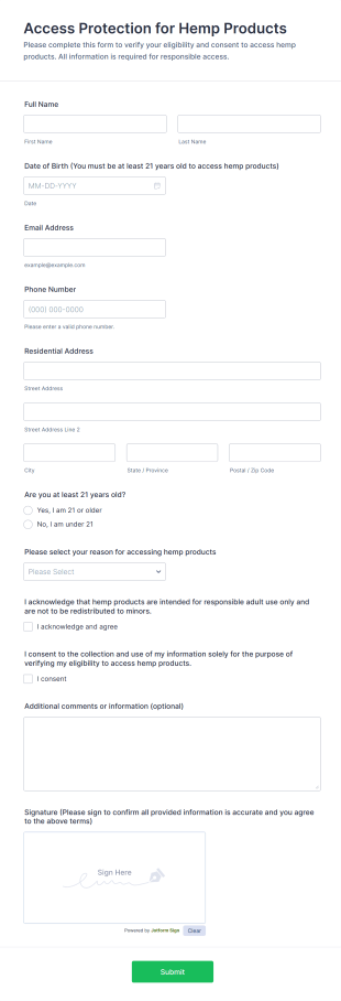 Access Protection For Hemp Products Form Template