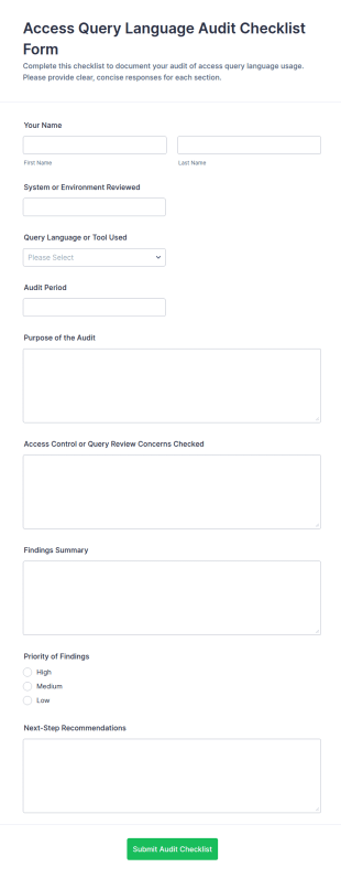 Access Query Language Audit Checklist Form Template