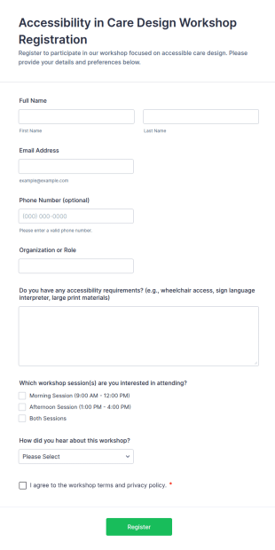 Accessibility In Care Design Workshop Registration Form Template