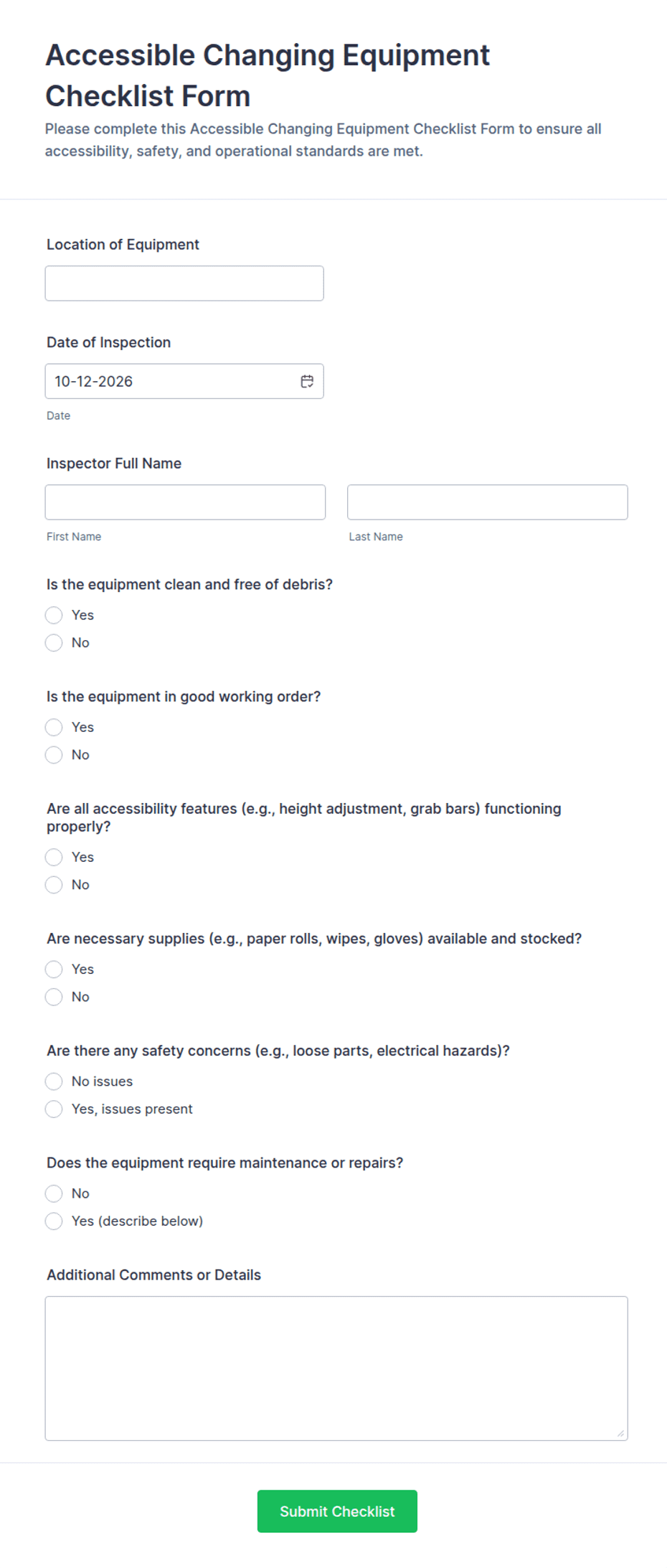 Accessible Changing Equipment Checklist Form Template | Jotform