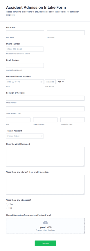 Accident Admission Intake Form Template