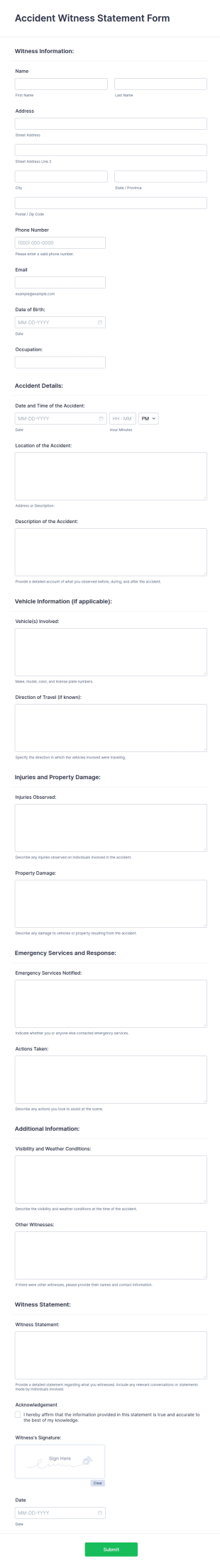 Accident Witness Statement Form Template