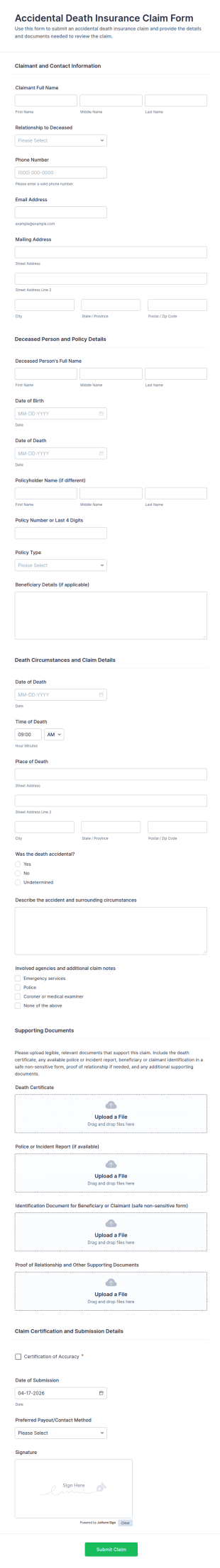 Accidental Death Insurance Claim Form Template