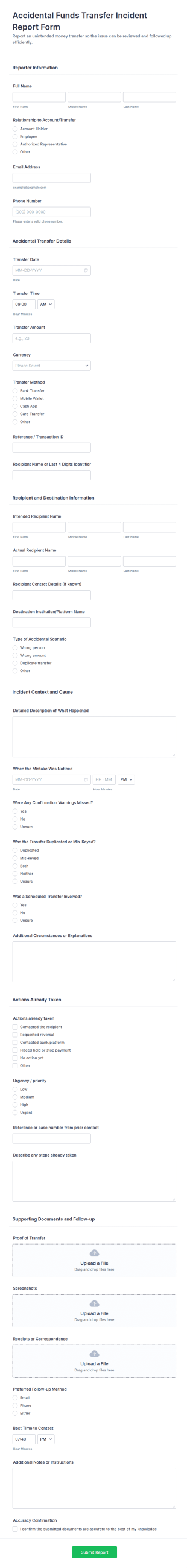 Accidental Funds Transfer Incident Report Form Template