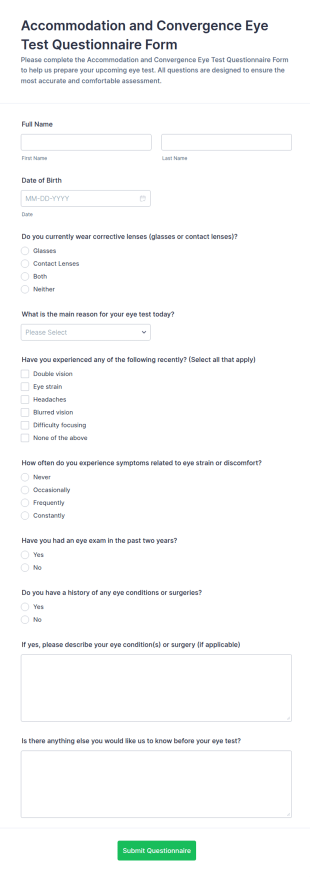 Accommodation And Convergence Eye Test Questionnaire Form Template