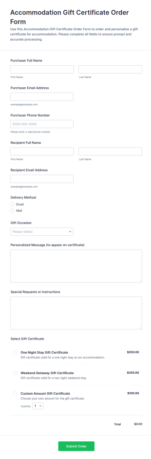 Accommodation Gift Certificate Order Form Template