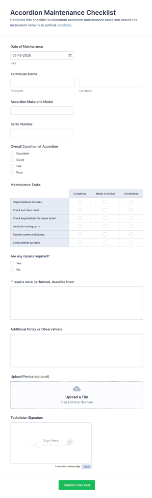 Accordion Maintenance Checklist Form Template