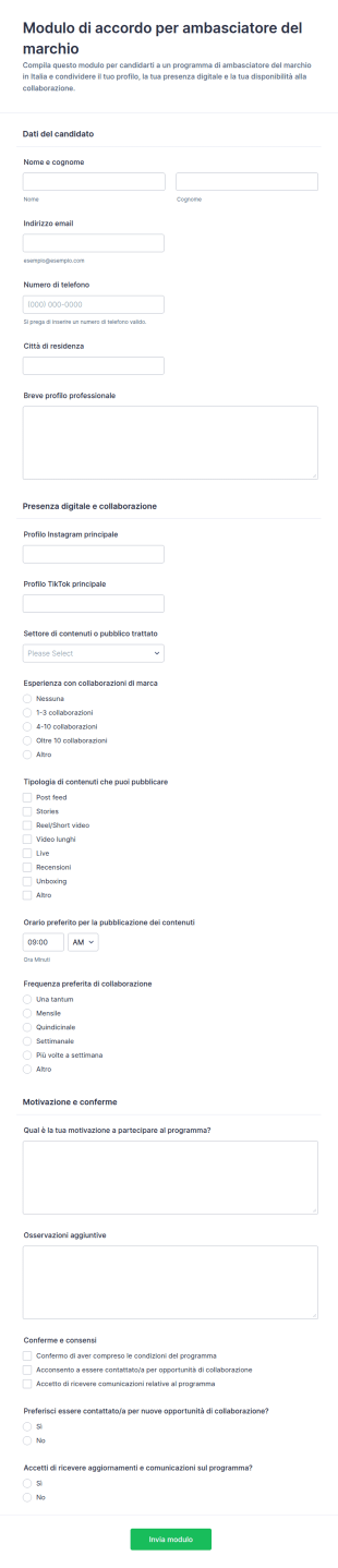 Accordo Per Ambasciatore Di Marca Form
