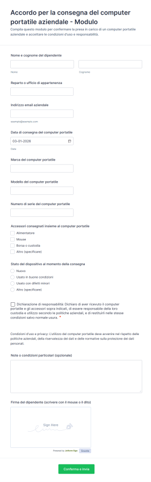 Accordo Per La Consegna Del Computer Portatile Aziendale Modulo