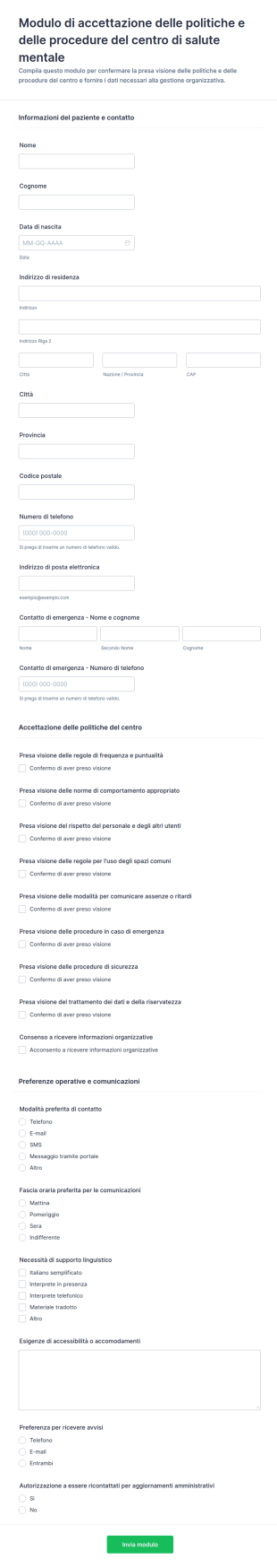 Accordo Sulle Politiche E Procedure Del Centro Di Salute Mentale Form