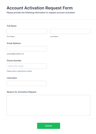 Account Activation Request Form Form Template