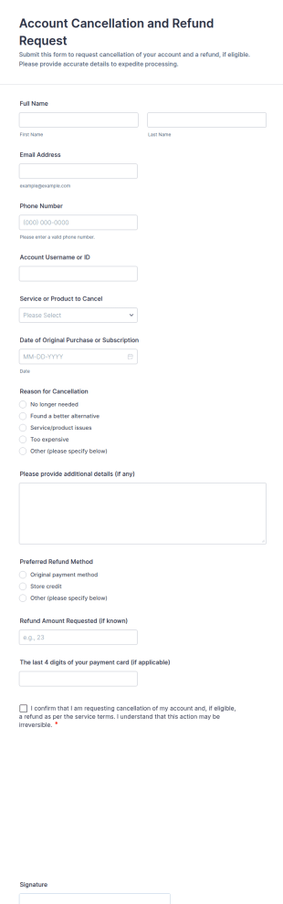 Account Cancellation And Refund Request Form Template