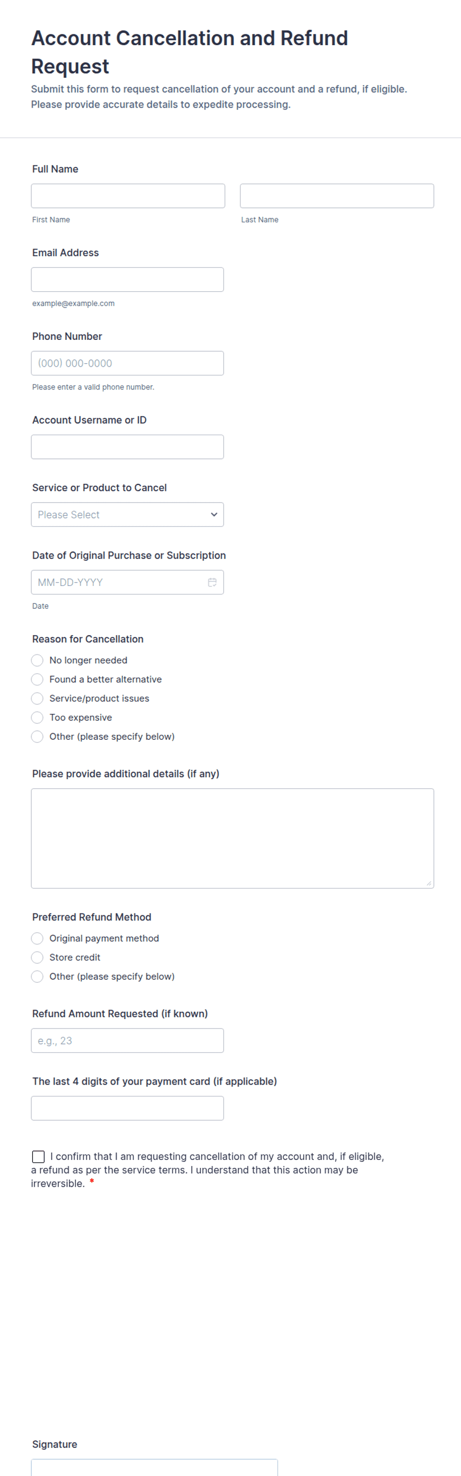 Retrieve Account Form Account Cancellation and Refund Request Form Template | Jotform