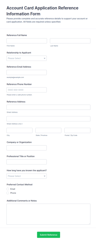 Account, Card, Or Application Reference Information Form Template