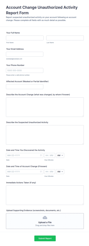 Account Change Unauthorized Activity Report Form Template