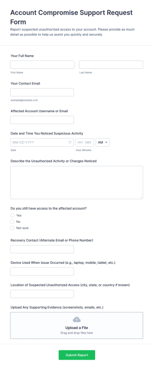 Account Compromise Support Request Form Template