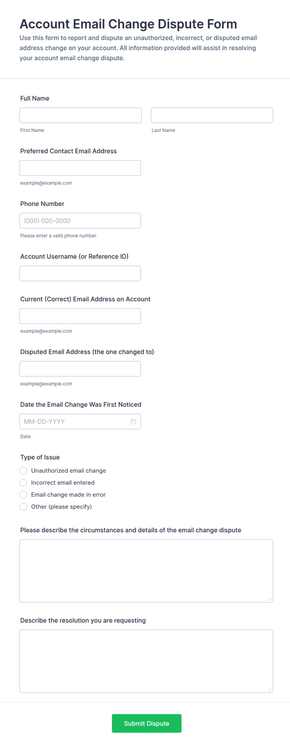 Account Email Change Dispute Form Template | Jotform