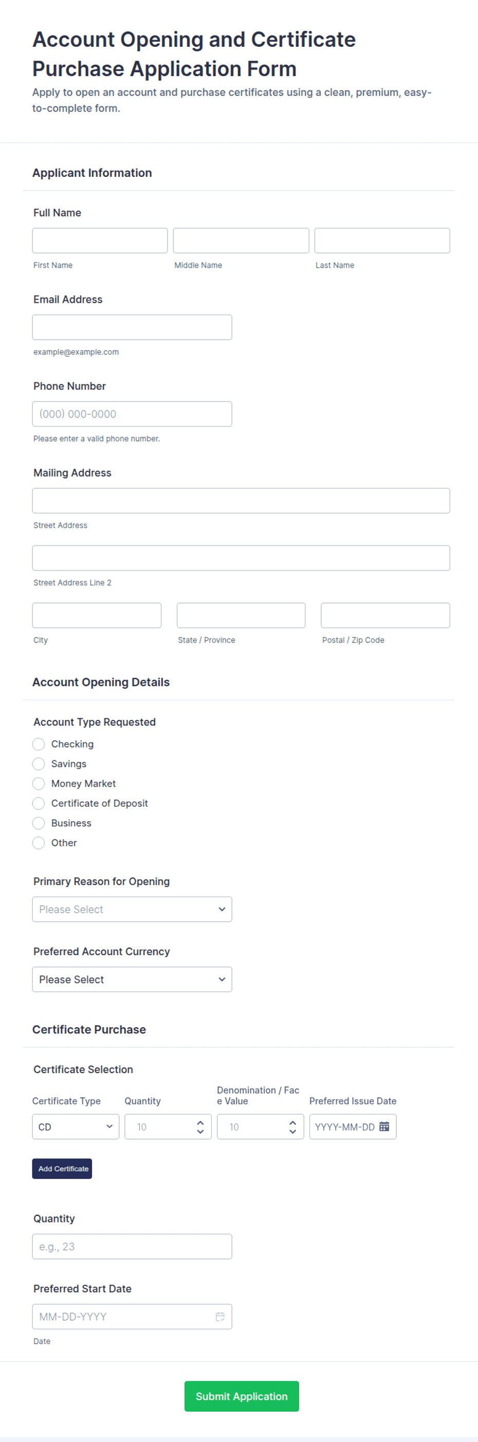 Account Opening and Certificate Purchase Application Form Template ...