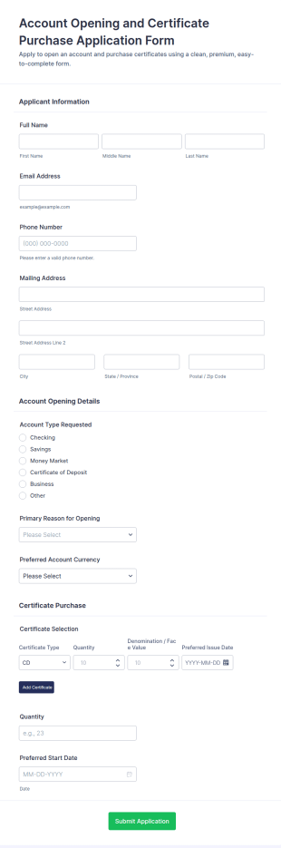 Account Opening And Certificate Purchase Application Form Template