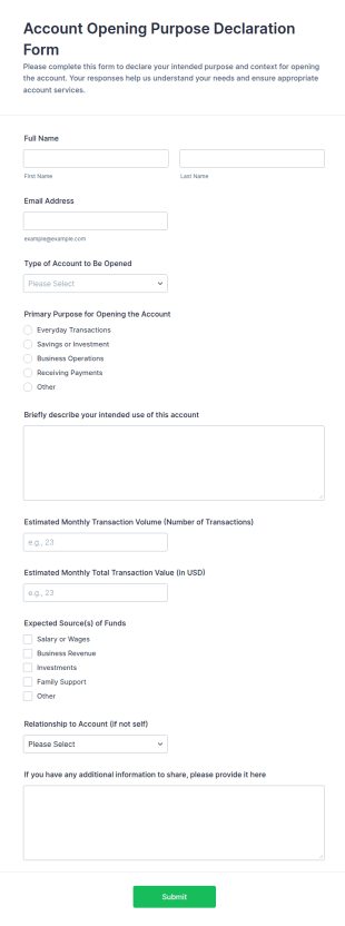 Account Opening Purpose Declaration Form Template