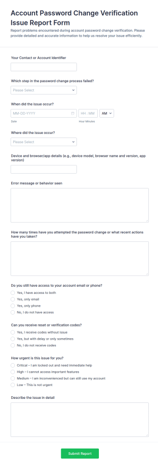 Account Password Change Verification Issue Report Form Template