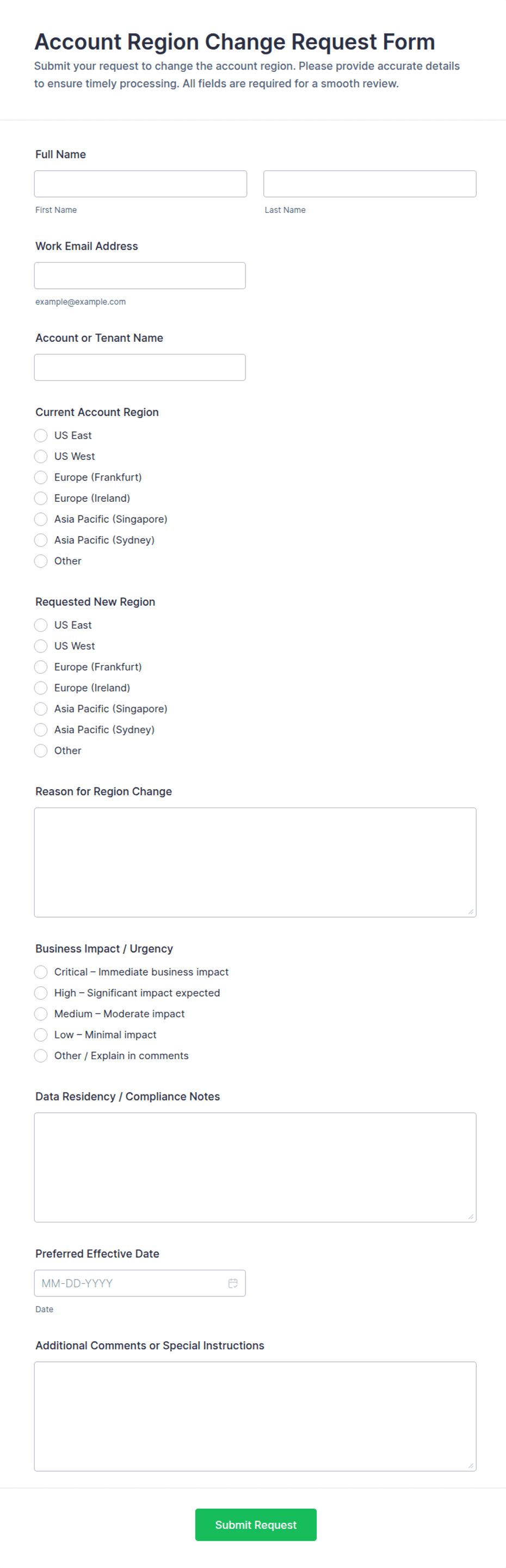 Account Region Change Request Form Template | Jotform