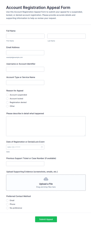 Account Registration Appeal Form Template