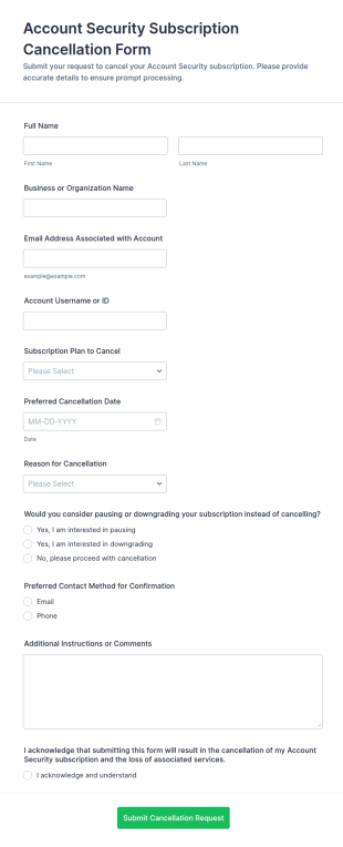 Account Security Subscription Cancellation Form Template