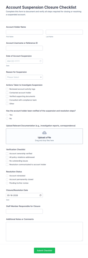Account Suspension Closure Checklist Form Template