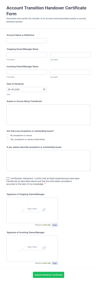 Account Transition Handover Certificate Form Template