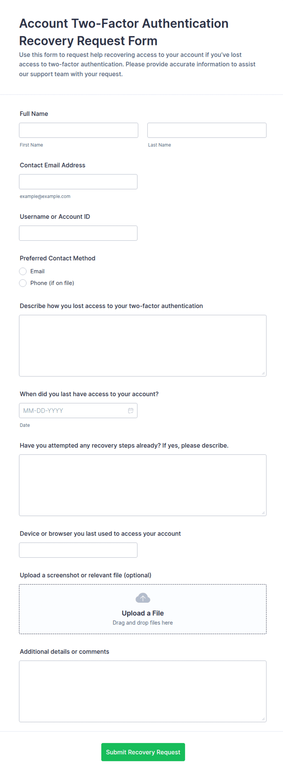 Account Two-Factor Authentication Recovery Request Form Template | Jotform