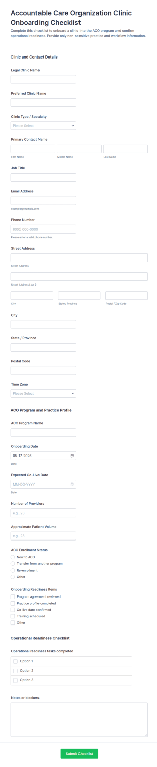 Accountable Care Organization Clinic Onboarding Checklist Form Template