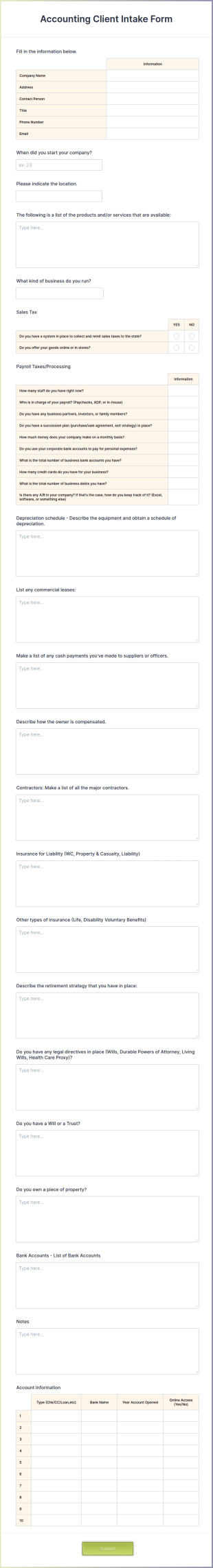 Accounting Client Intake Form Template