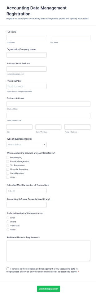 Accounting Data Management Registration Form Template