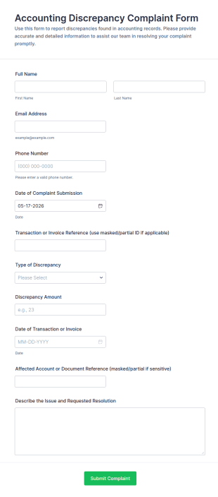 Accounting Discrepancy Complaint Form Template
