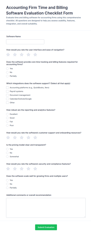 Accounting Firm Time And Billing Software Evaluation Checklist Form Template