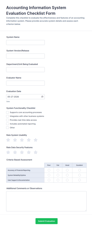 Accounting Information System Evaluation Checklist Form Template