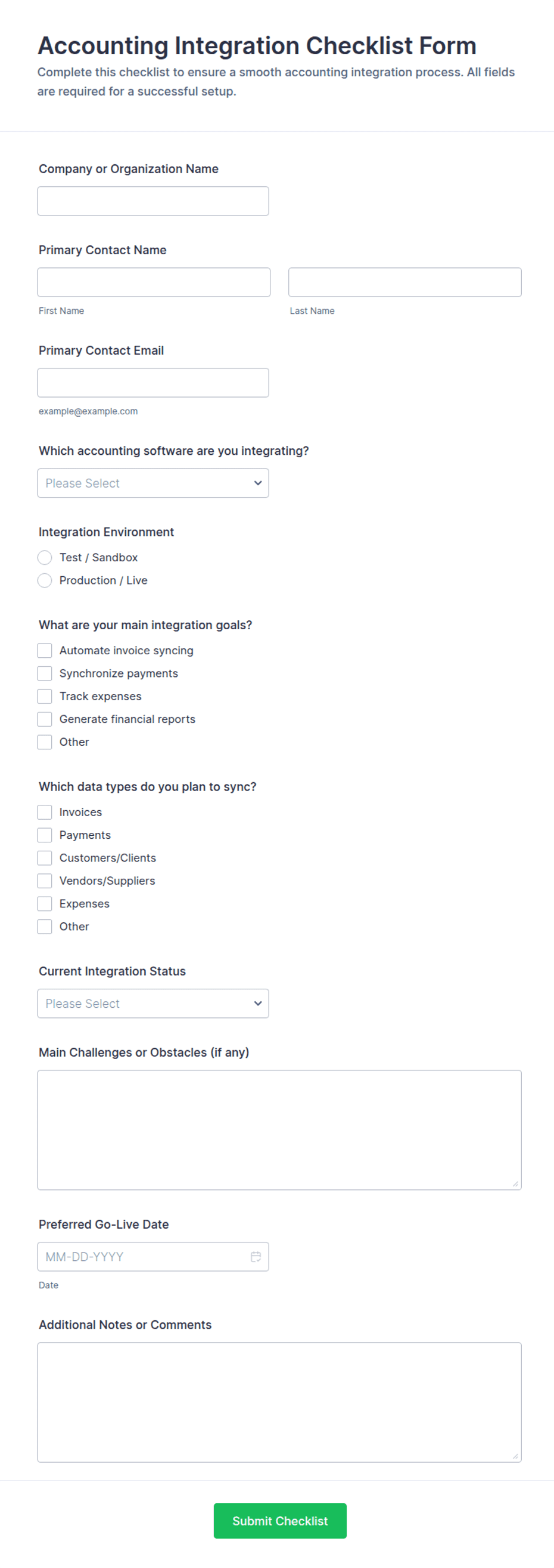 Accounting Integration Checklist Form Template | Jotform