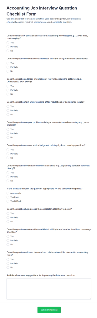 Accounting Job Interview Question Checklist Form Template