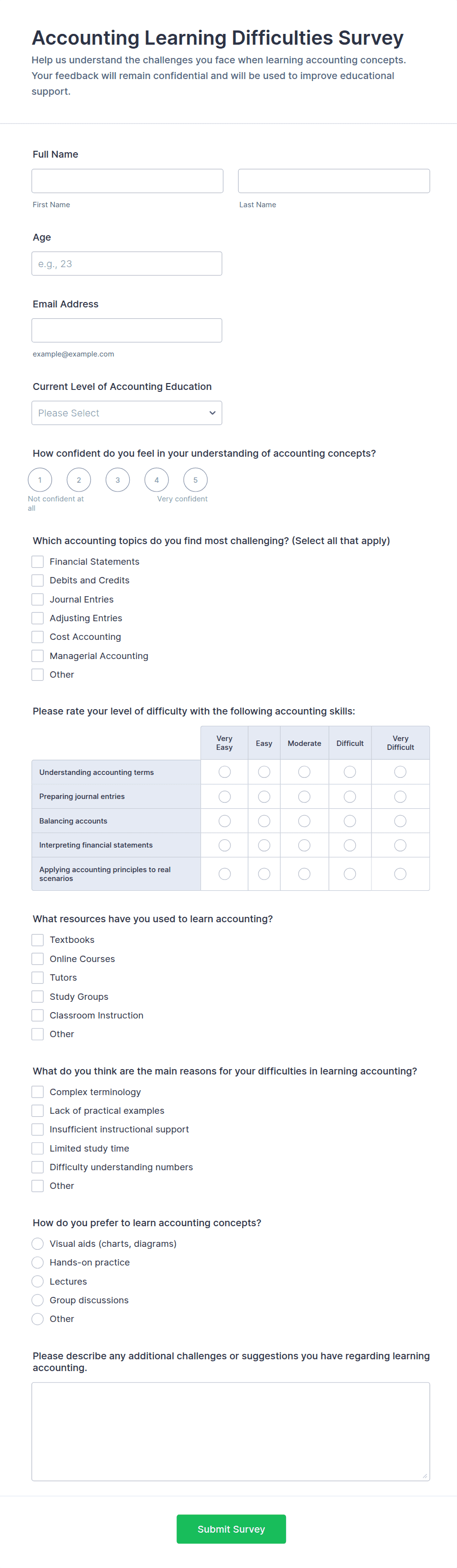 Accounting Learning Difficulties Survey Form Template | Jotform