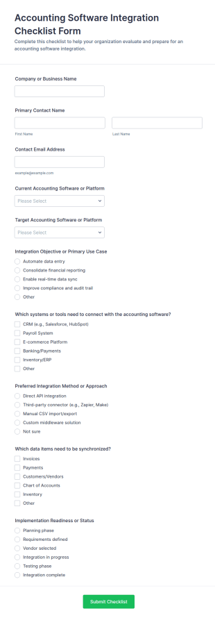 Accounting Software Integration Checklist Form Template