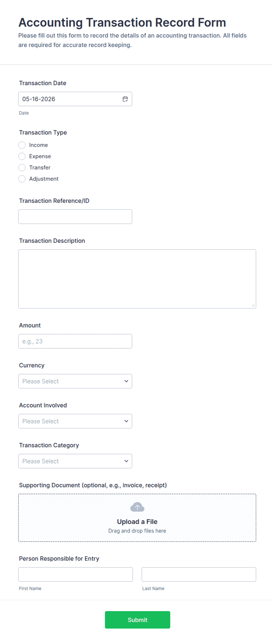 Accounting Transaction Record Form Template | Jotform