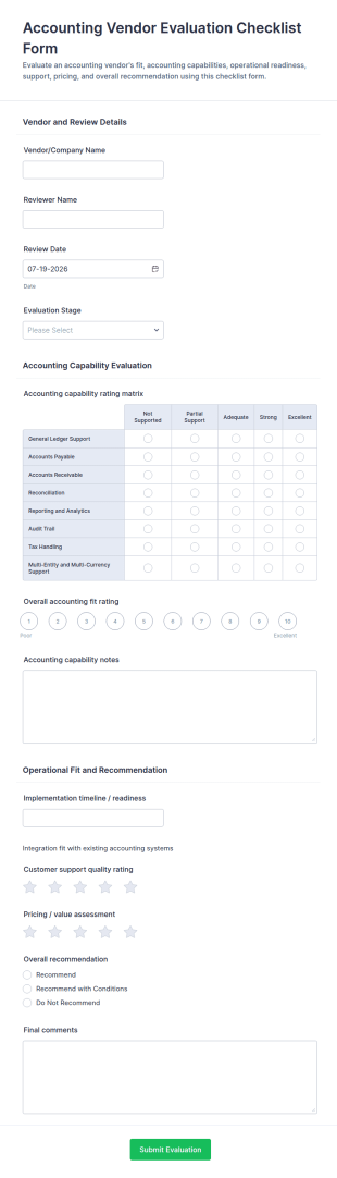 Accounting Vendor Evaluation Checklist Form Template