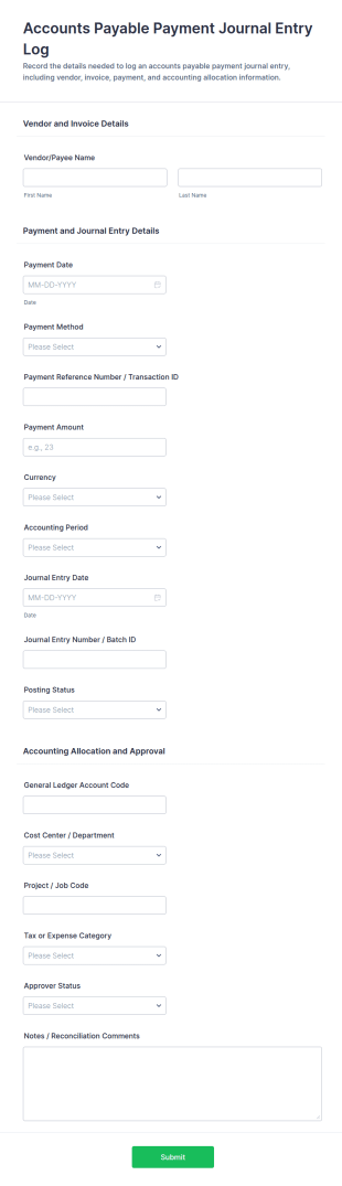 Accounts Payable Payment Journal Entry Log Form Template