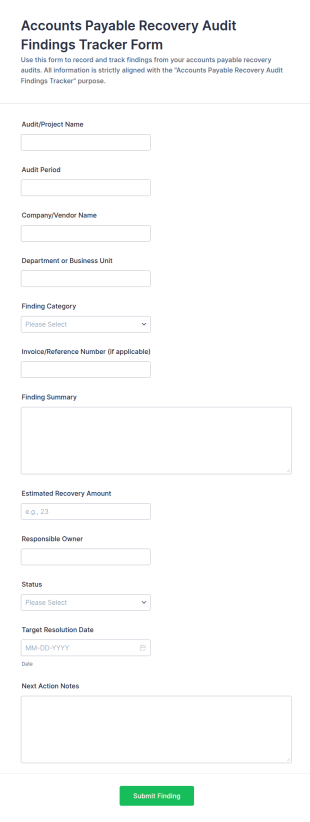 Accounts Payable Recovery Audit Findings Tracker Form Template