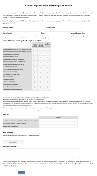 Accounts Payable Services Preliminary Questionnaire Form Template
