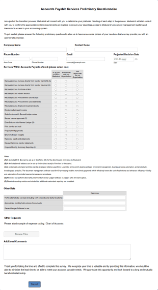 Accounts Payable Services Preliminary Questionnaire Form Template